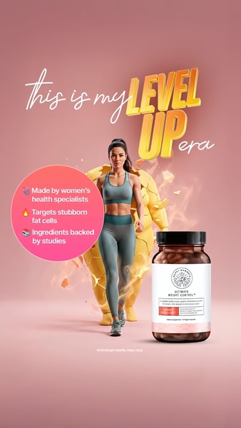 A vertical 9:16 ad featuring a woman walking out of a translucent fat cell silhouette, highlighting supplement benefits with a bold aspirational headline.